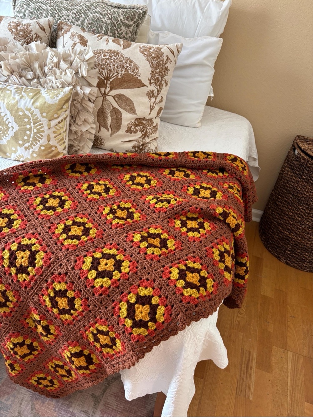 Handmade Crochet Granny Square Throw Blanket in Brown, Red & Yellow